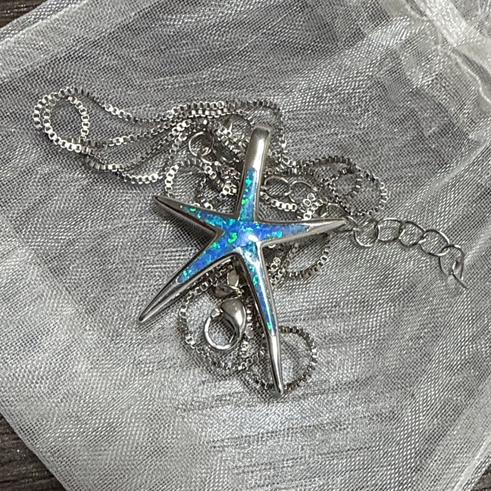 Sterling Silver Blue Opal Starfish Pendant Necklace - Picture 5 of 6